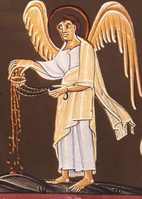 A scene from the Bamburg Apocalypse (circa 1020) depicting the angel with a censer from John 5:8.