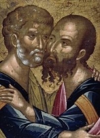 An icon of SS. Peter & Paul exchanging the kiss of peace; a symbol of Christian unity.